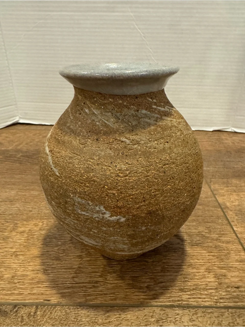 Small Handcrafted Studio Pottery Vase with Textured Brown & White Body